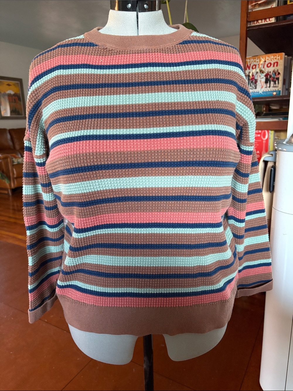 REI Cooperative Striped Crewneck Sweater in Pink, Brown, Mint & Navy